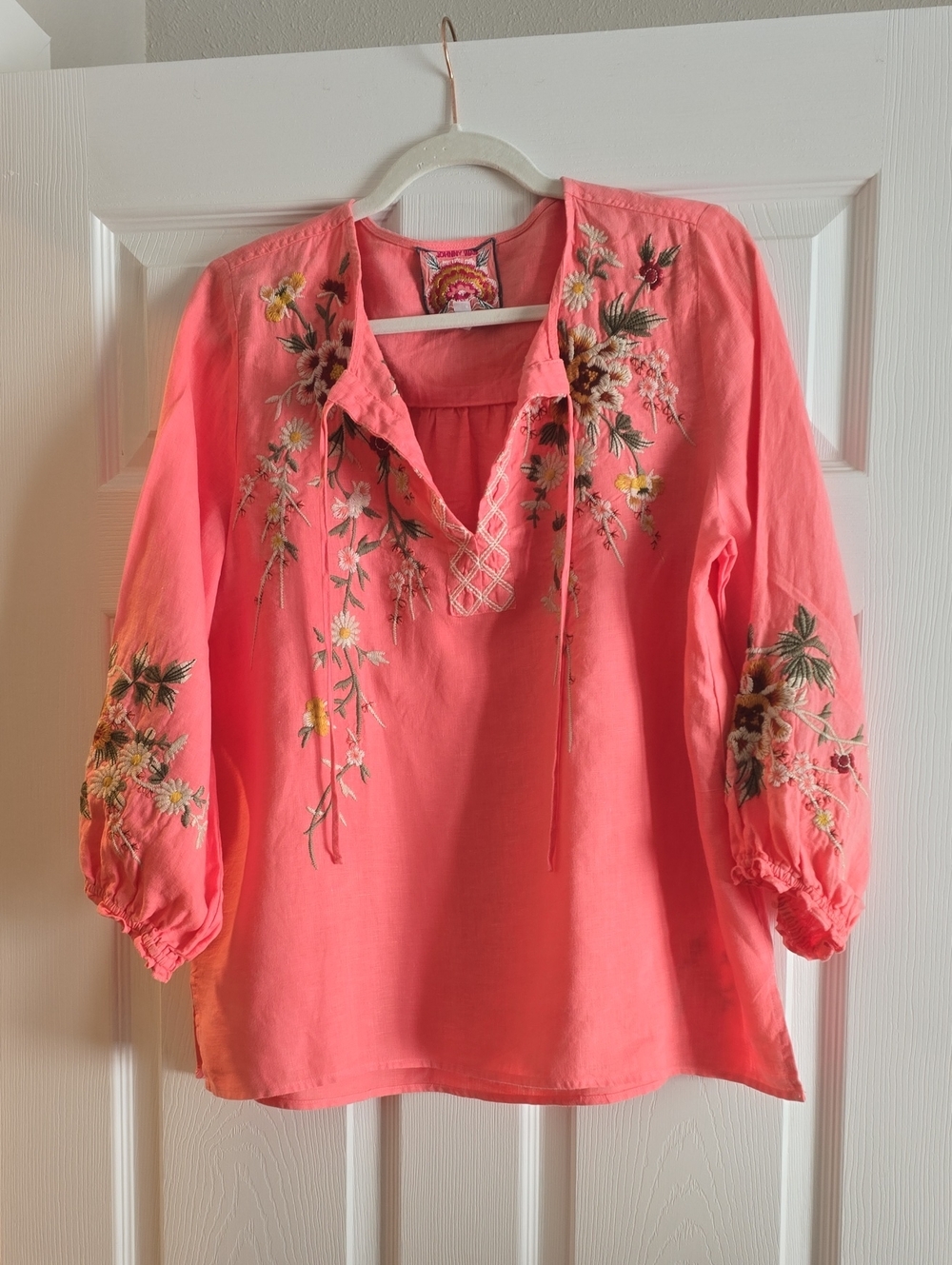Johnny Was Coral Embroidered Top
